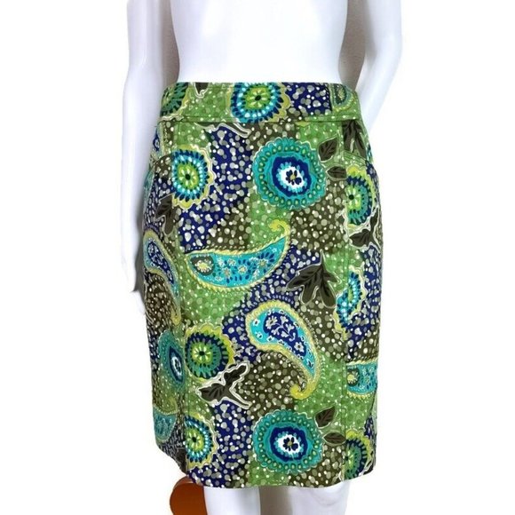 Etcetera Green Paisley Cotton Knee Length Straight Pencil Skirt Size 4 - Picture 2 of 9